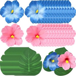Ashenby 60 Pcs Tropical Party Decoatirons Pink Blue Hibiscus Flower Tropical Palm Leaves 24 Faux Flowers 36 Palm Leaves Artificial Leaf Flowers for
