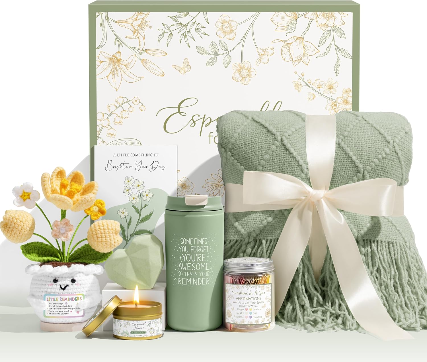 Ashenby Birthday Gifts for Women Mom Get Well Soon Gift Baskets Self Care Package, Throw Blanket, Sage Green-bergamot Jasmine, 8 Count