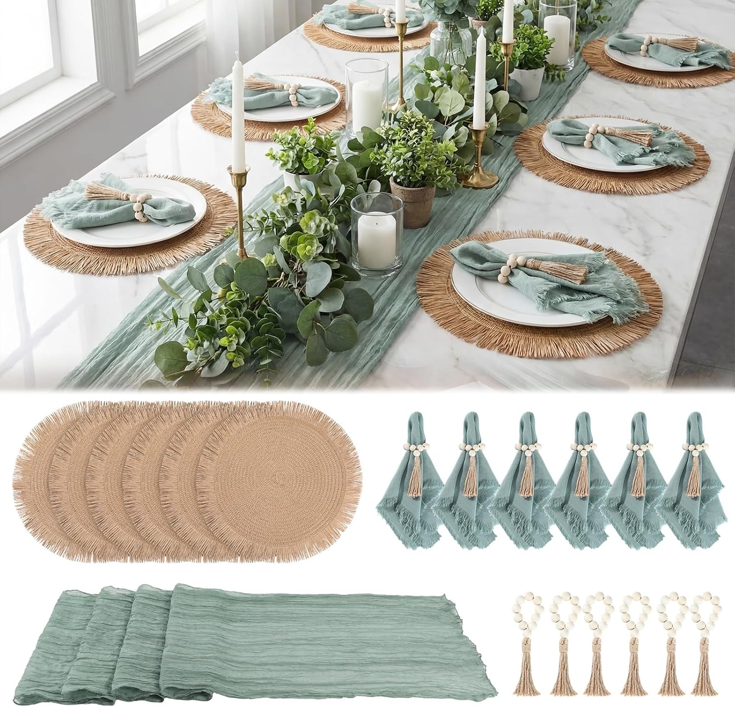 Ashenby 6 Pcs Boho Woven Placemat Set with Runner, Napkin Rings, Sage Green, 2 pounds, 15 inches, 19 Count