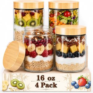 Aldernest 16 oz Jars for overnight oats with Bamboo Lids, Overnight Oats Containers, 4 pack-16oz