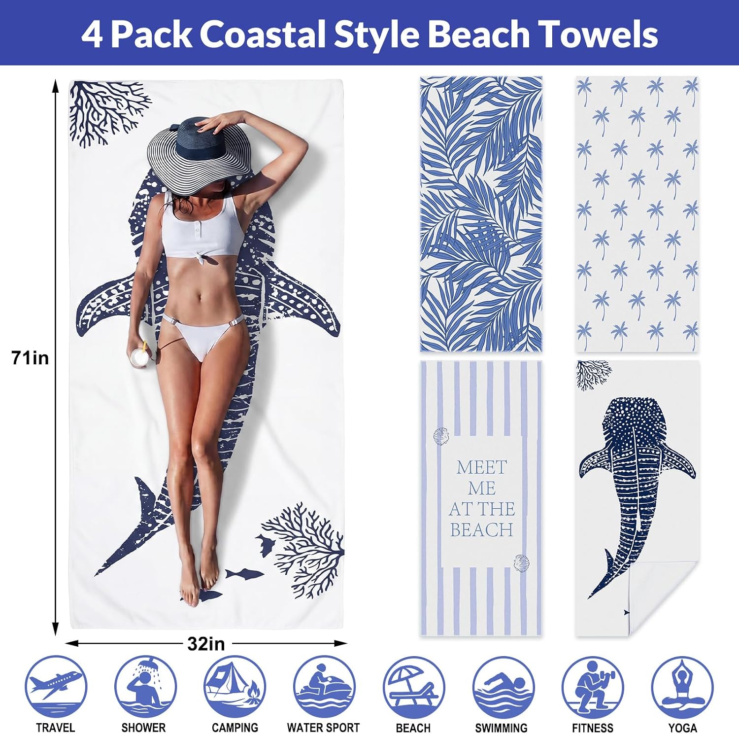 Ashenby 4 Pack Microfiber Oversized Beach Towel, Summer, 71 x 32 inches