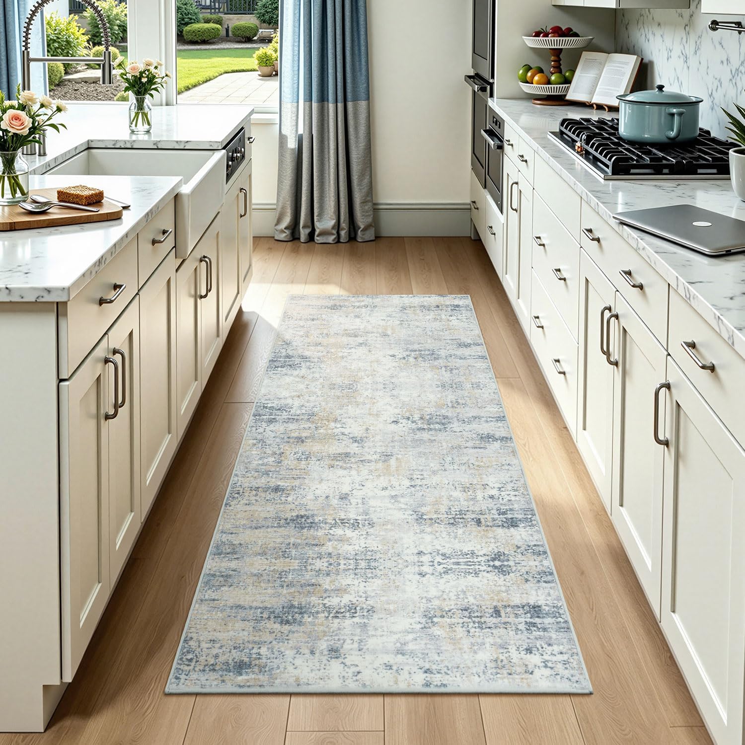 Ashenby 2x6 Runner Rug Non Slip Washable, Kitchen Hallway Entryway Carpet, Blue, 12 Square Feet