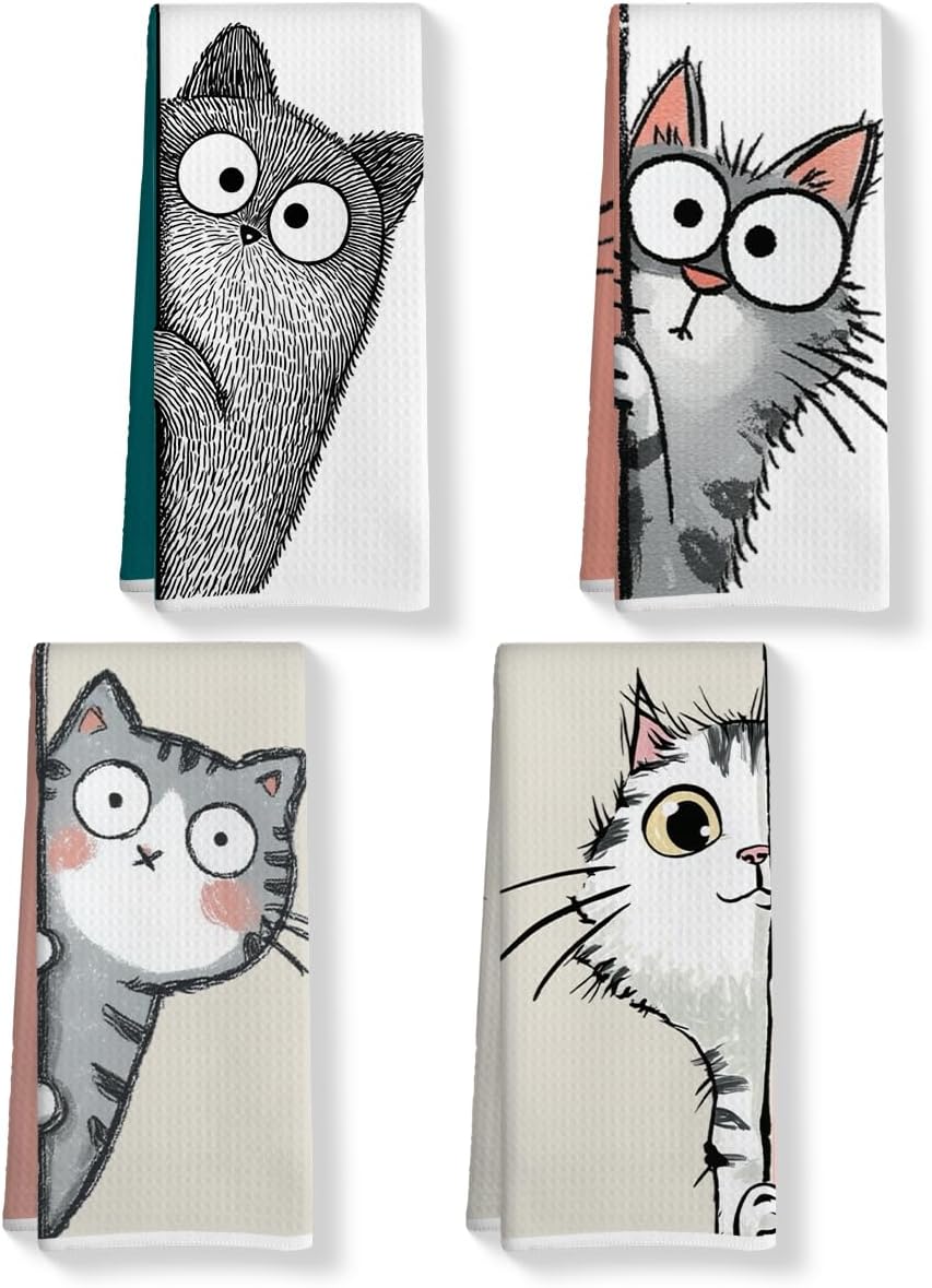 Ashenby 4 Pcs Funny Cat Kitchen Towels, Cute Cats Gifts Soft Absorbent Tea Towel, 3.2 ounces, 14 x 24 inches