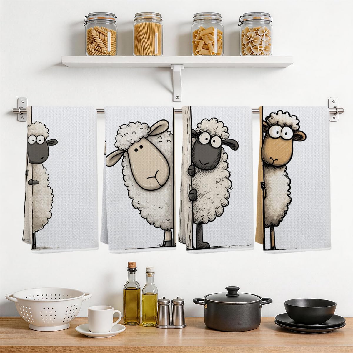 Ashenby 4 Pcs Funny Sheep Kitchen Towels, Cute Sheep Lover Gifts 14 x 24 Inches, 3.2 ounces