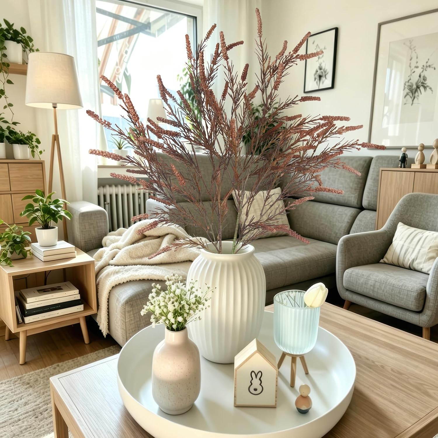 Aldernest 2 Pcs Faux Fall Floral Stems Artificial Twigs and Branches for Vases Fall Decor 43.3" Brown Fake Greenery Stems for Vase Filler Home Table