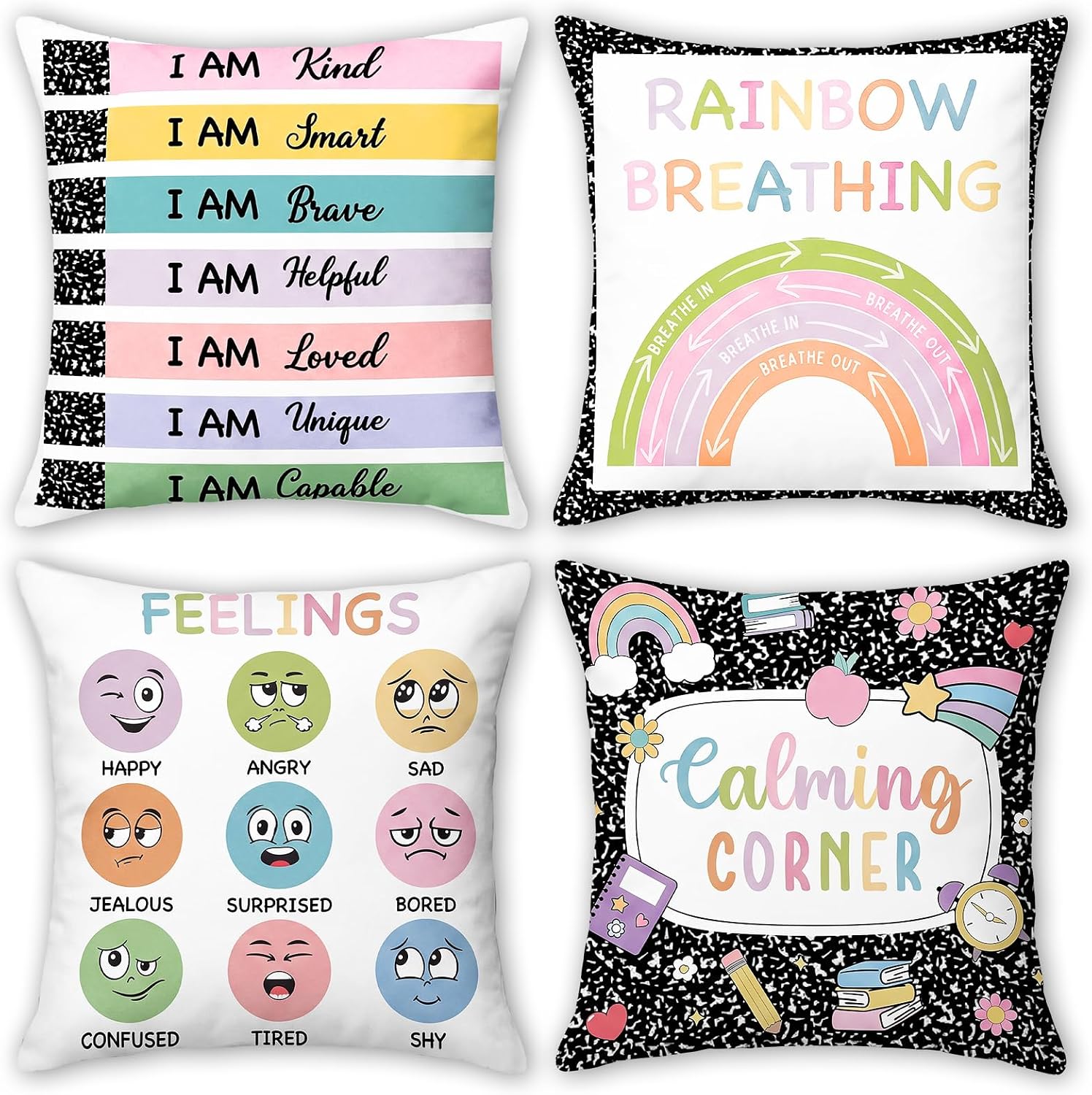 Ashenby 4 Pcs Calming Corner Throw Pillow Covers Classroom Rainbow Decor