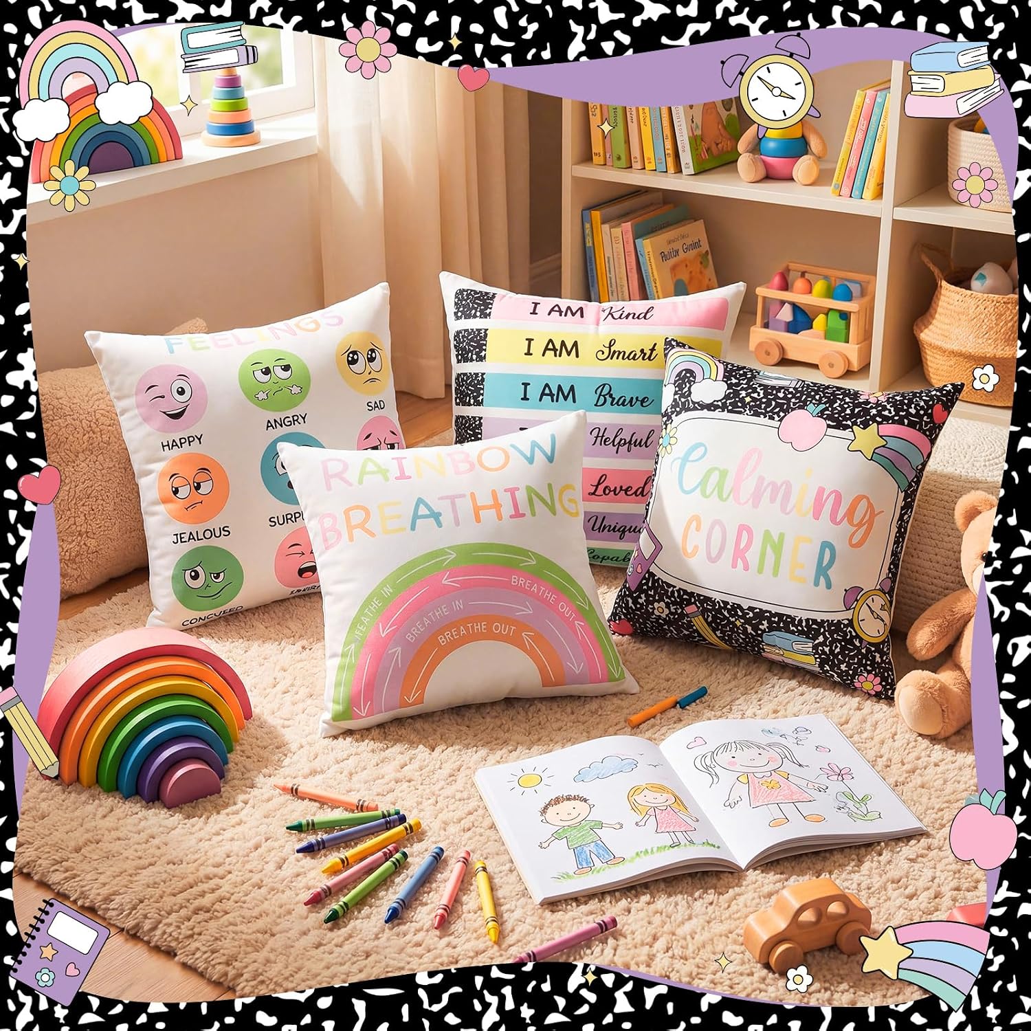 Ashenby 4 Pcs Calming Corner Throw Pillow Covers Classroom Rainbow Decor