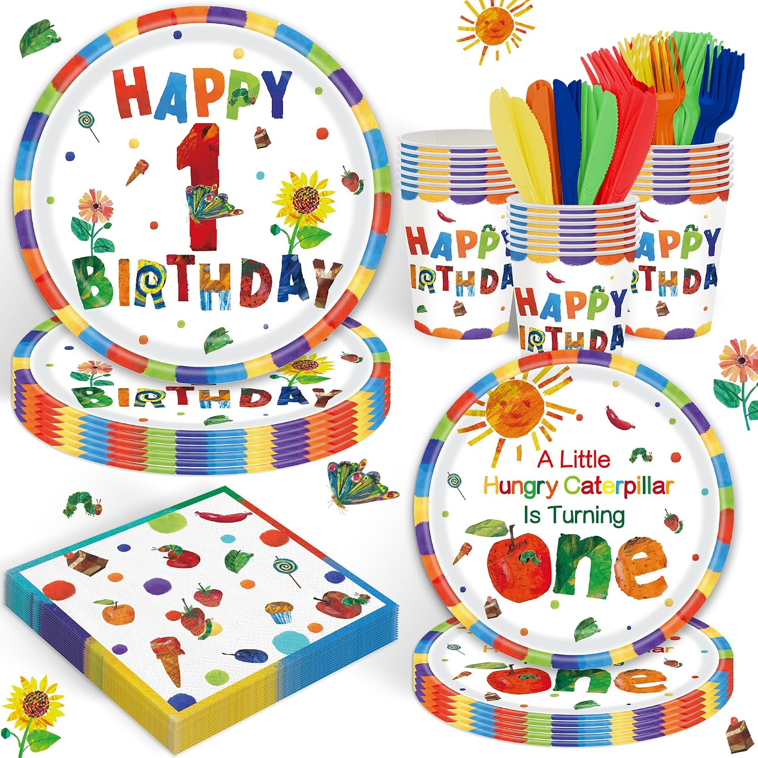 VelloHome 120PCS Caterpillar 1st Birthday for Baby Girls Boys Frist Birthday Party Decorations Hungry Green Insect Turning One Tableware Set Plates