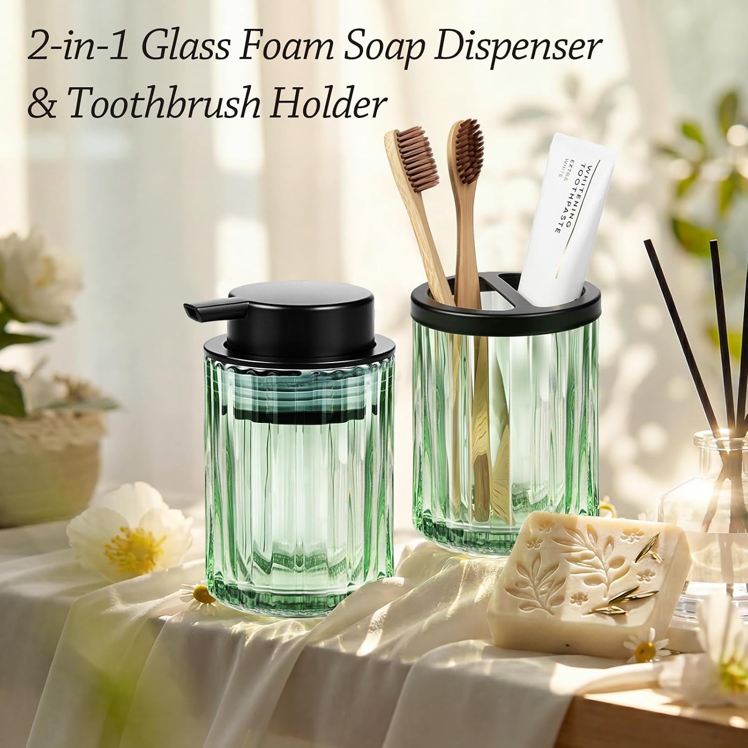 Aldernest 2 Pcs Soap Dispenser and Toothbrush Holder Set, Green, 16 ounces