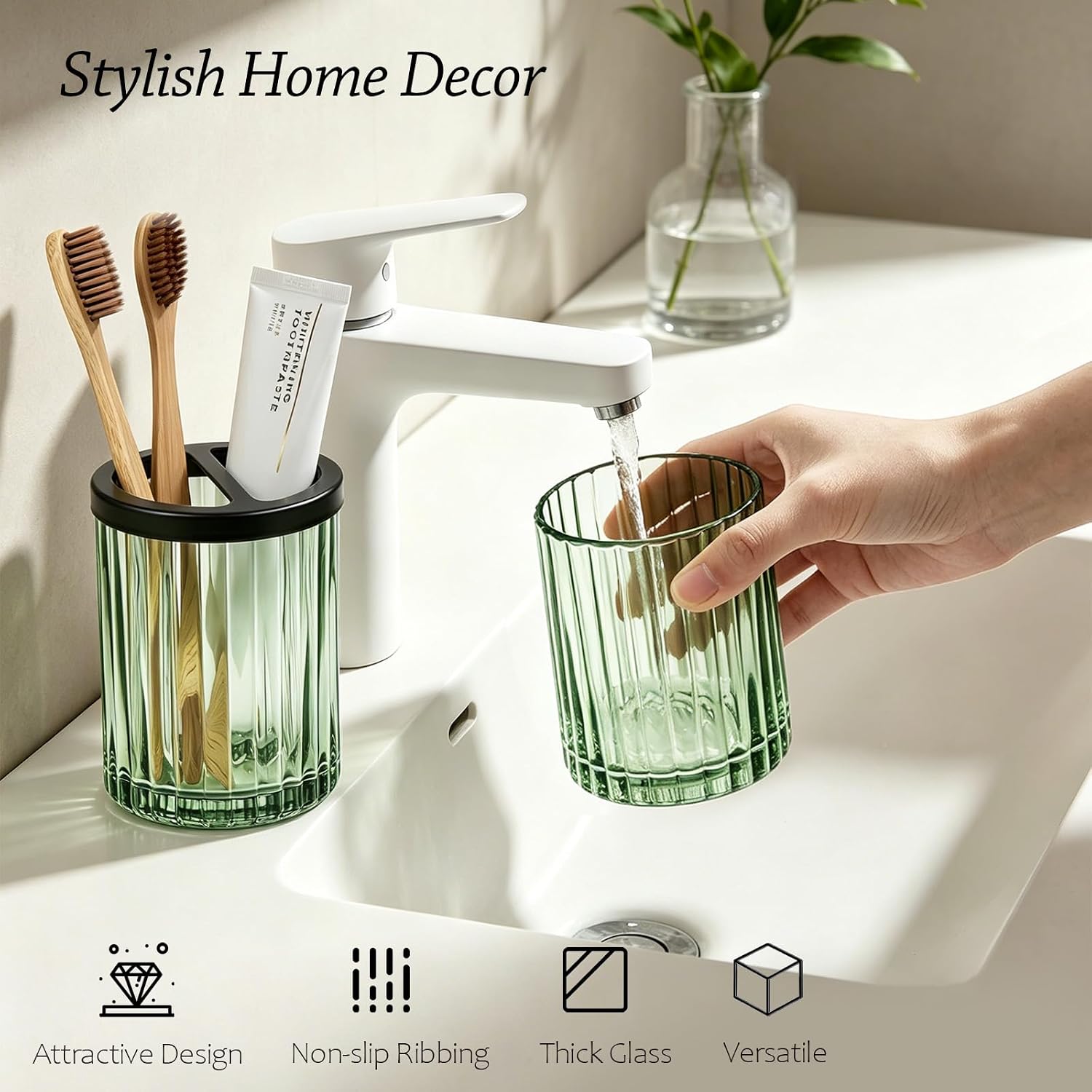 Aldernest 2 Pcs Soap Dispenser and Toothbrush Holder Set, Green, 16 ounces