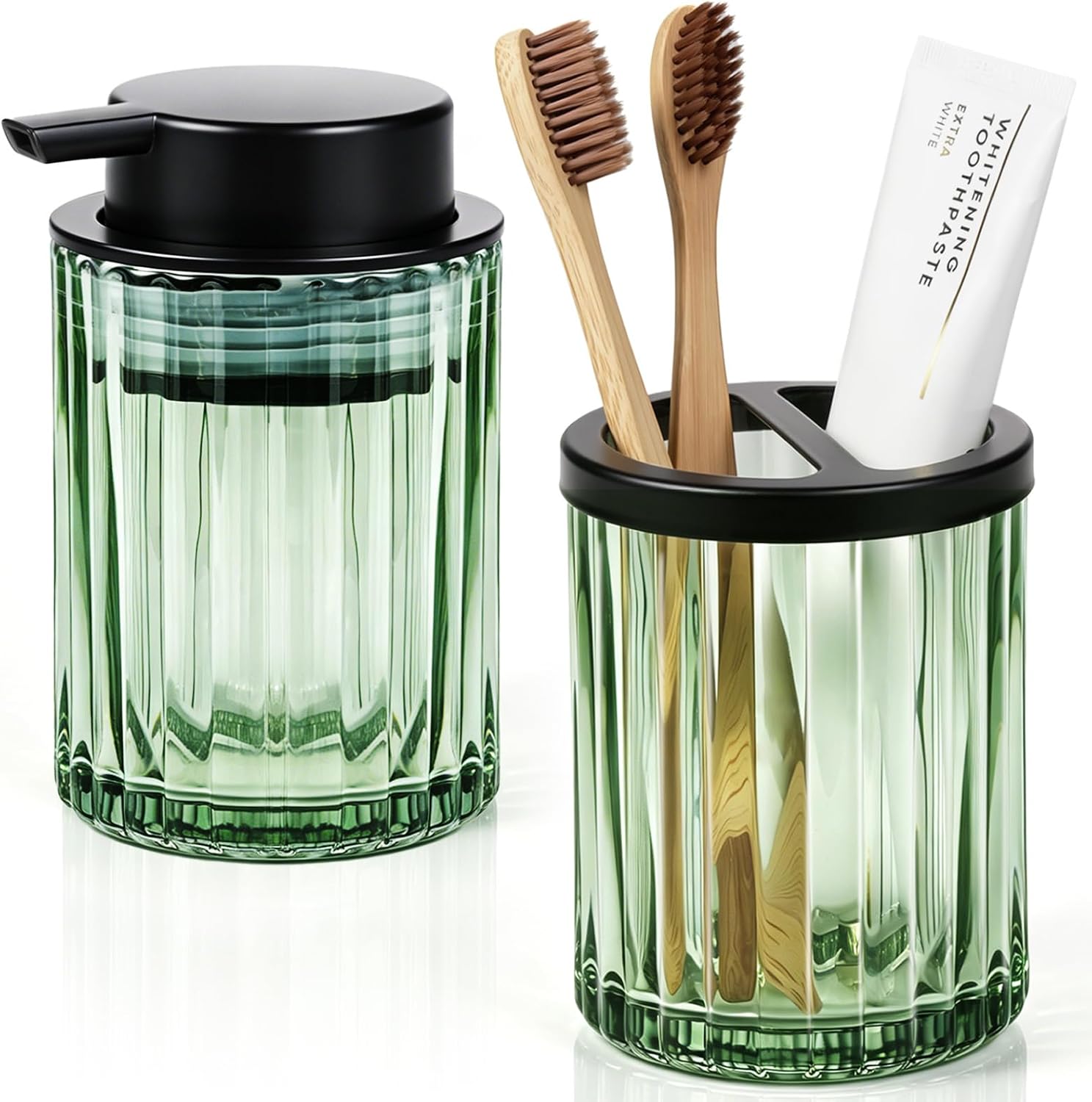 Aldernest 2 Pcs Soap Dispenser and Toothbrush Holder Set, Green, 16 ounces