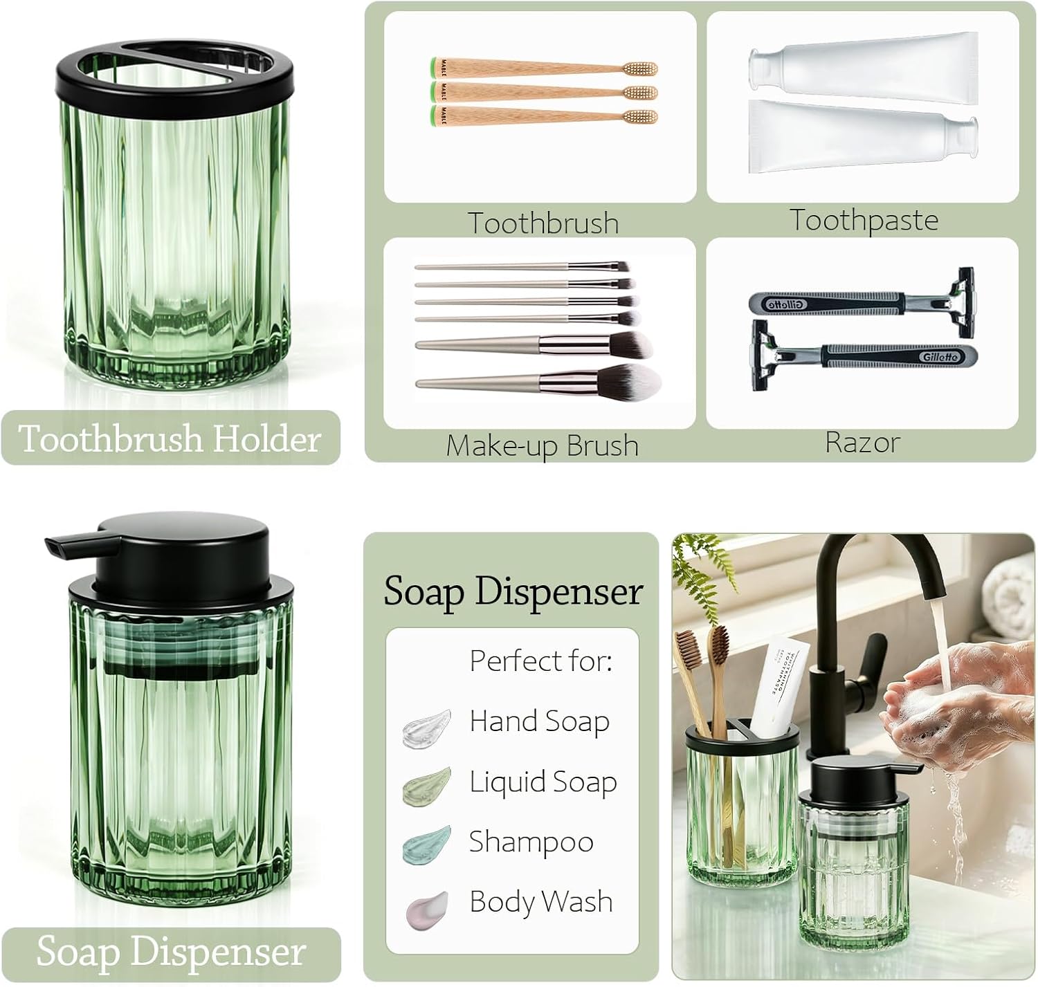 Aldernest 2 Pcs Soap Dispenser and Toothbrush Holder Set, Green, 16 ounces