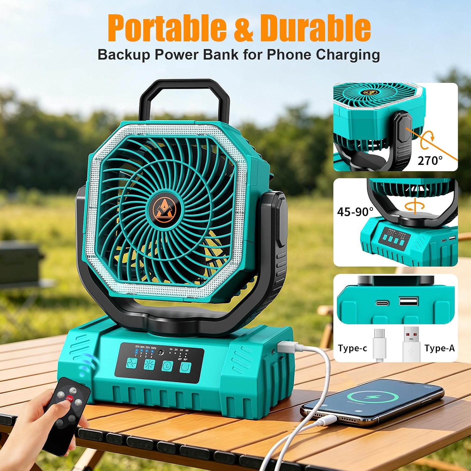 Aldernest Camping Fan Rechargeable - 20000mAh Portable Cordless Battery Powered Fans with LED Lantern