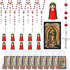 Ashenby 80 Pcs Our Lady of Guadalupe Mini Resin Figurines with Blessed Mother Virgin Mary Catholic Religious Prayer Cards Rosary Necklaces Organza