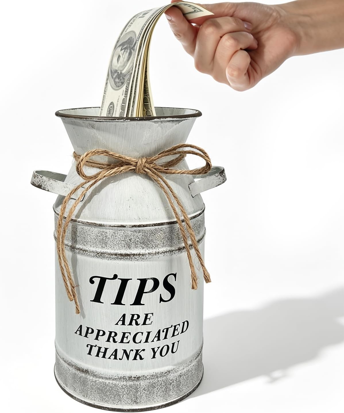 Aldernest Tip Jar, 7.48 x 3.7" Vintage Metal Money Collection Box with Slot, White