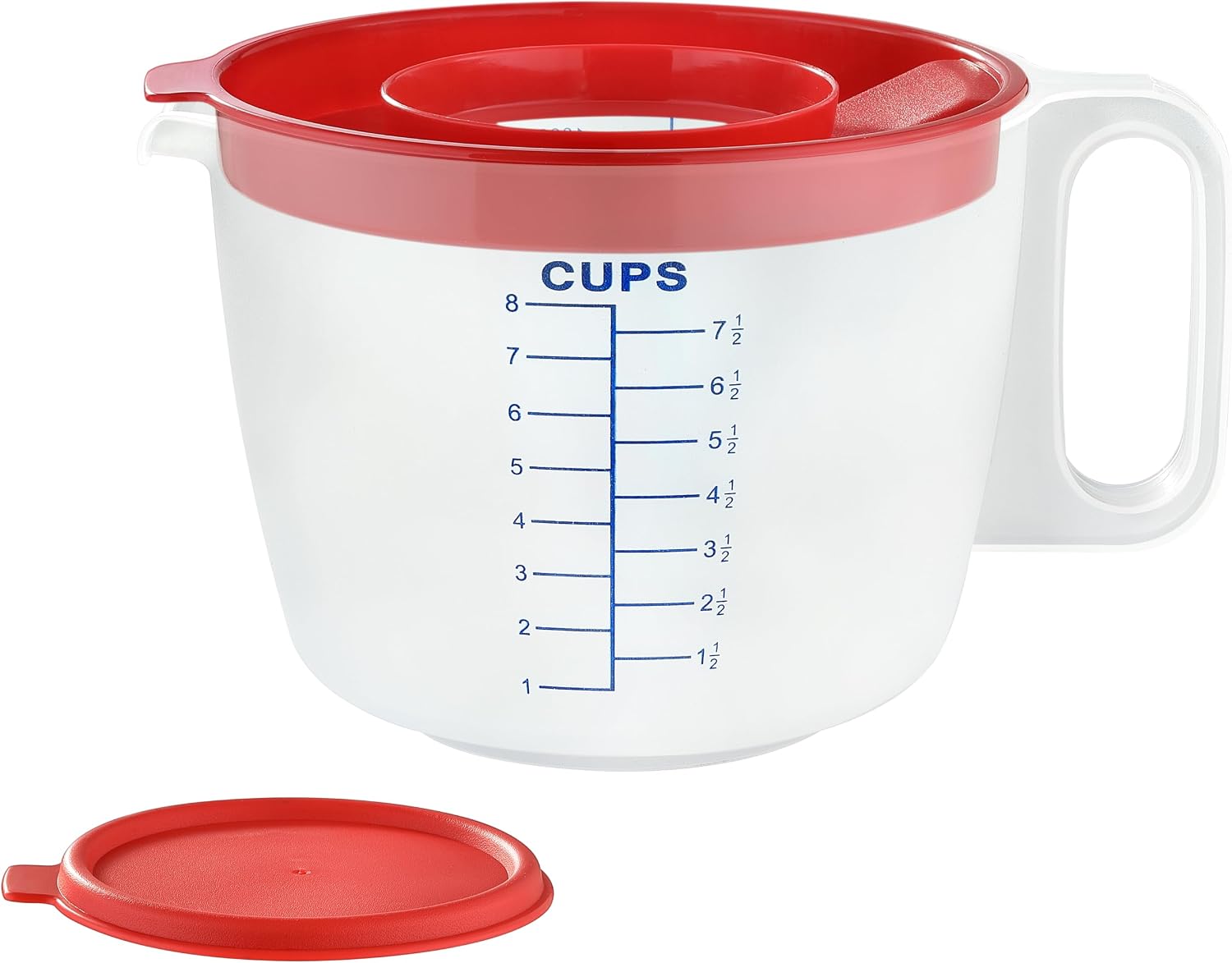 Ashenby 8 Cup Measuring Cup & Mixing Pitcher with Handle and Spout, Splatter-Free Lid, 8.16 ounces, 9.2*7.4, White