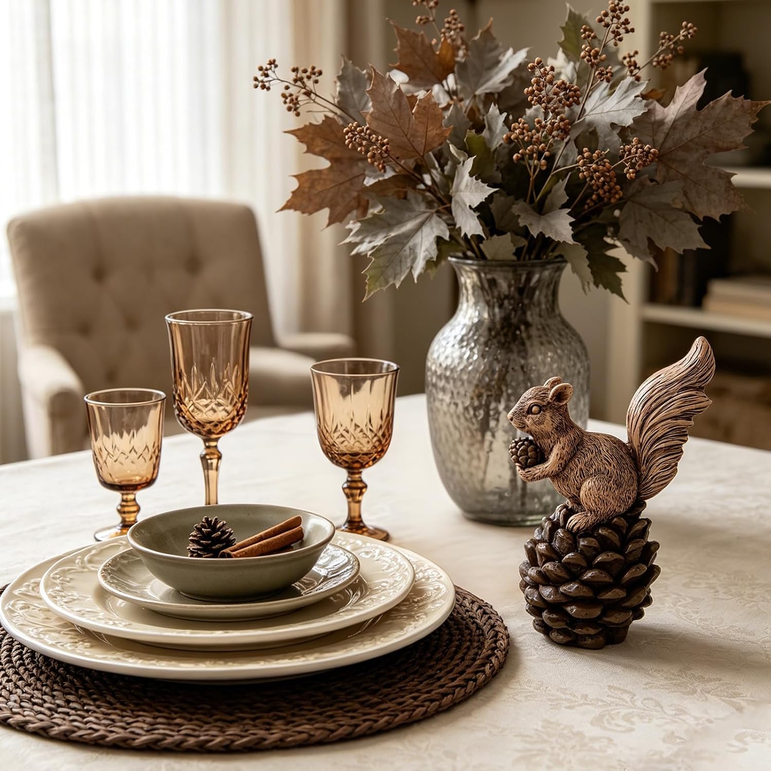 Barleyfield Squirrel Fall Decorations for Home Table Decor Garden Statue, Natural Color