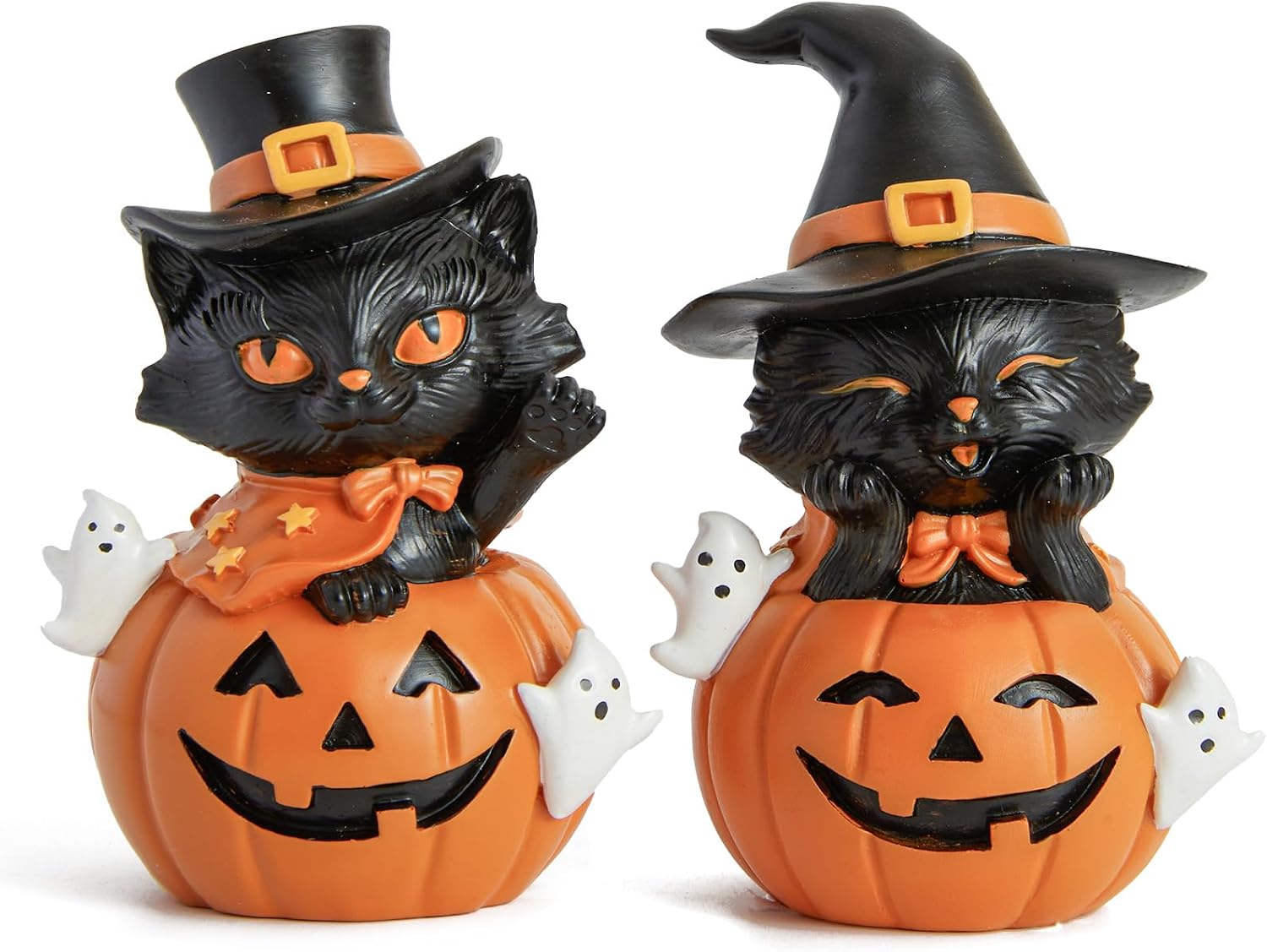 Aldernest Halloween Decorations, Black Cat Pumpkin Decor for Home Party, Black & Orange, 2 Count