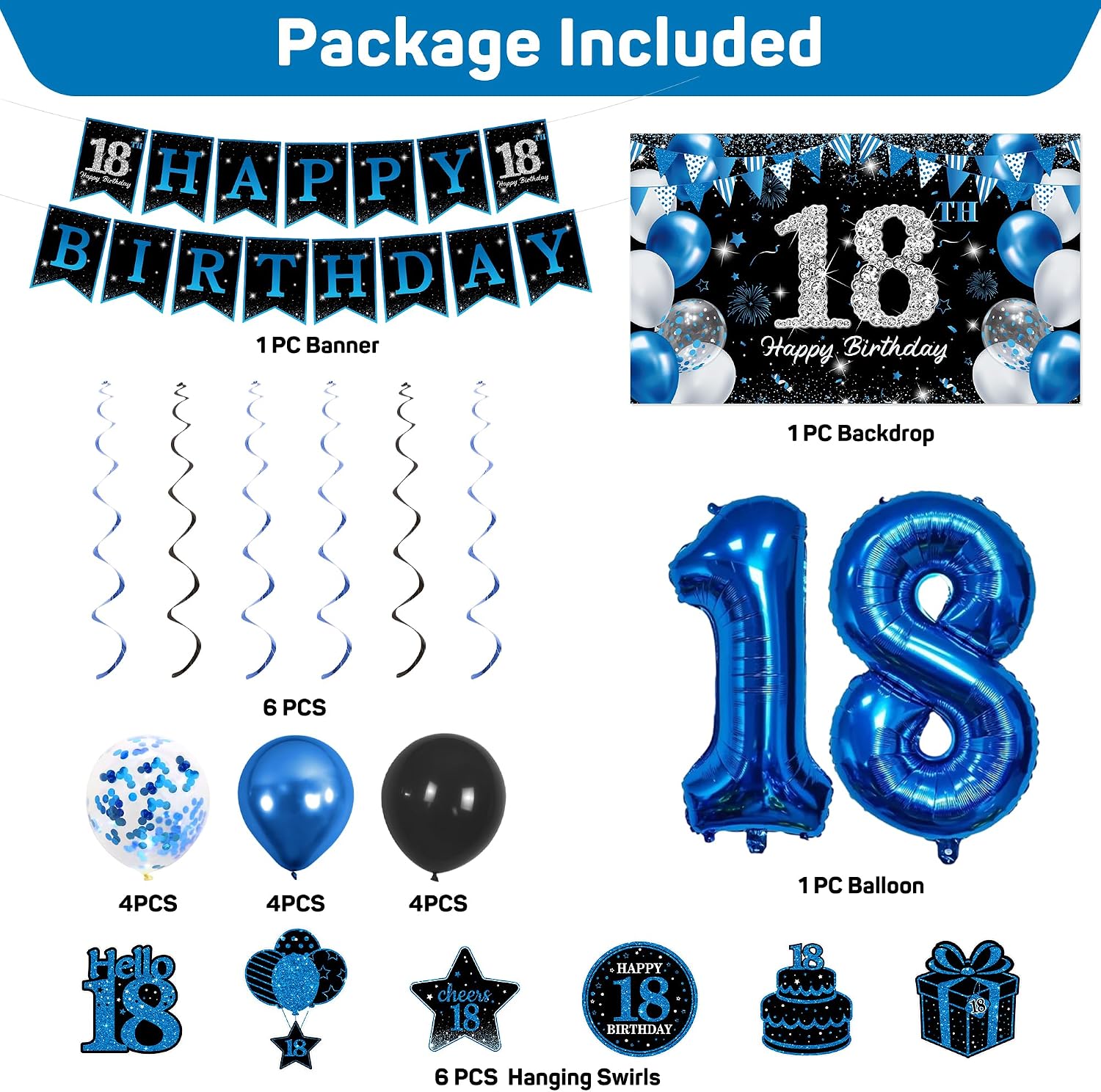 Ashenby 18th Birthday Decorations for Girls Boys, Blue Silver