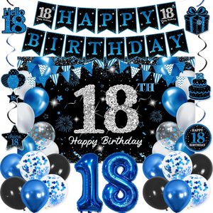 Ashenby 18th Birthday Decorations for Girls Boys, Blue Silver