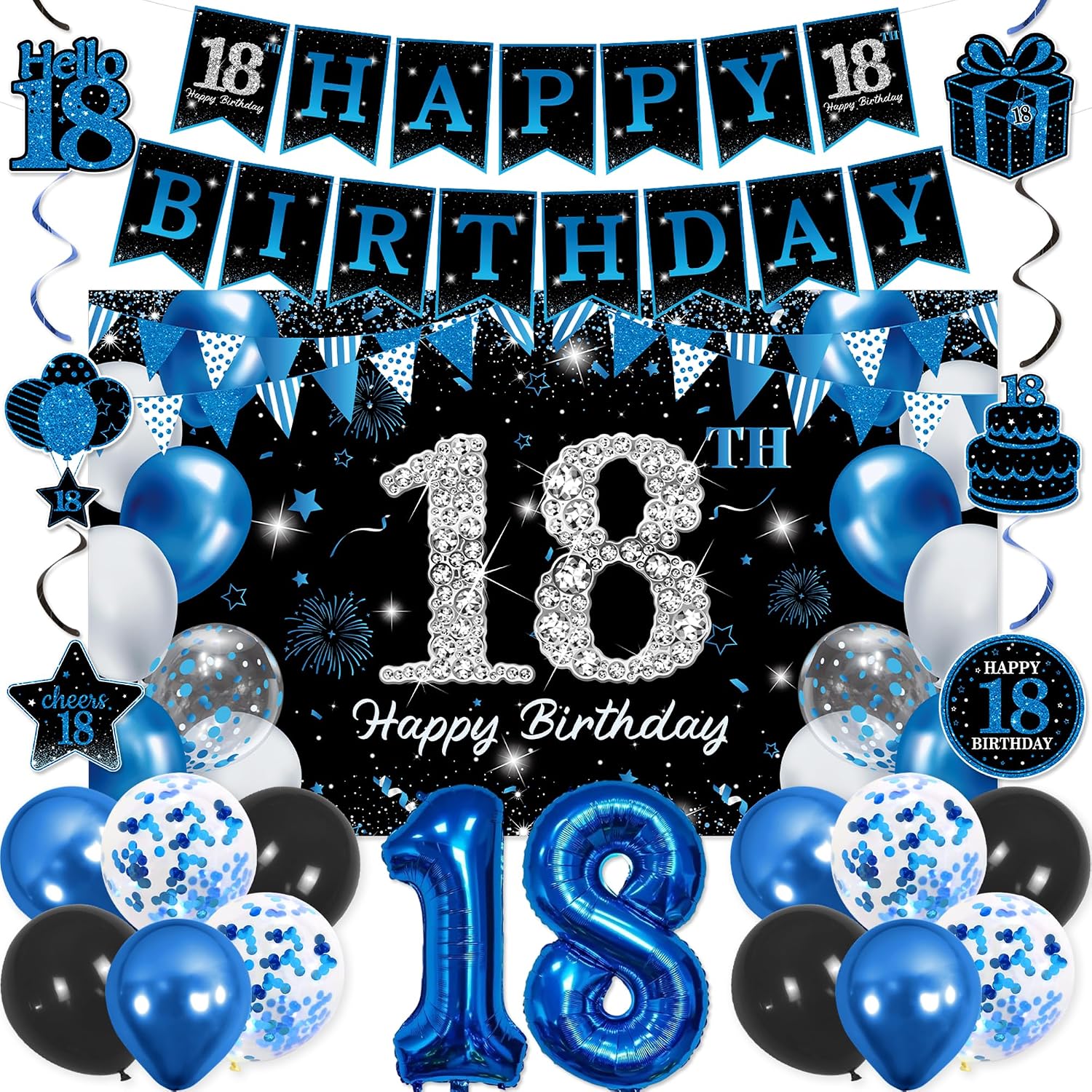 Ashenby 18th Birthday Decorations for Girls Boys, Blue Silver