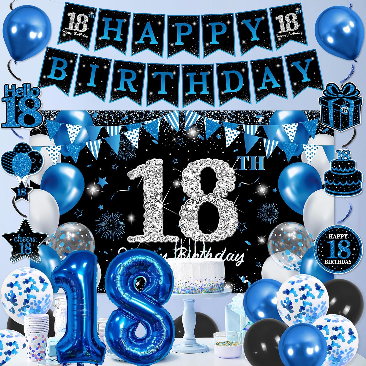 Ashenby 18th Birthday Decorations for Girls Boys, Blue Silver