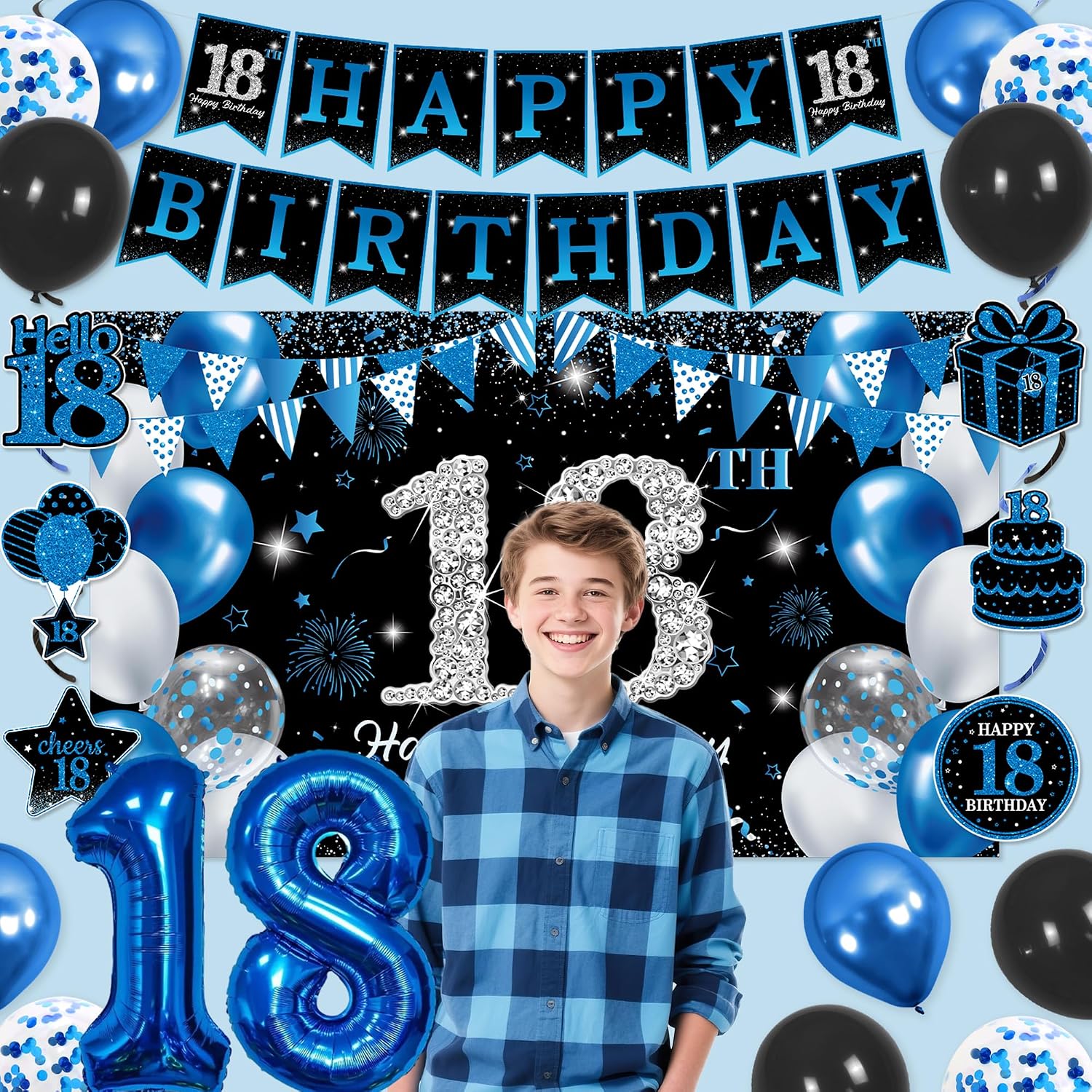 Ashenby 18th Birthday Decorations for Girls Boys, Blue Silver