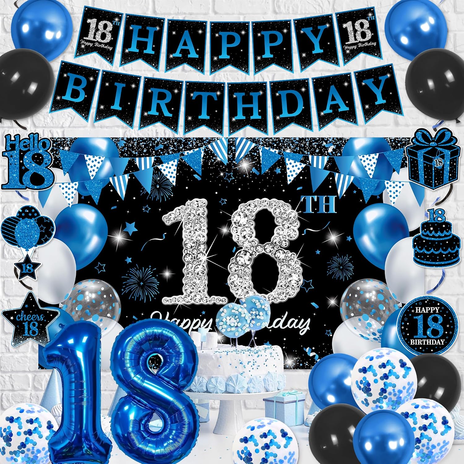 Ashenby 18th Birthday Decorations for Girls Boys, Blue Silver