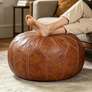 Aldernest Round Unstuffed Pouf Cover, Faux Leather Storage Ottoman, 1.5 pounds, 21.7"D x 21.7"W x 13.7"H, Brown(no Stuffing)