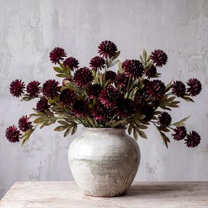 VelloHome 8 Pcs Faux Silk Pom Mum Artificial Flowers, Red Black