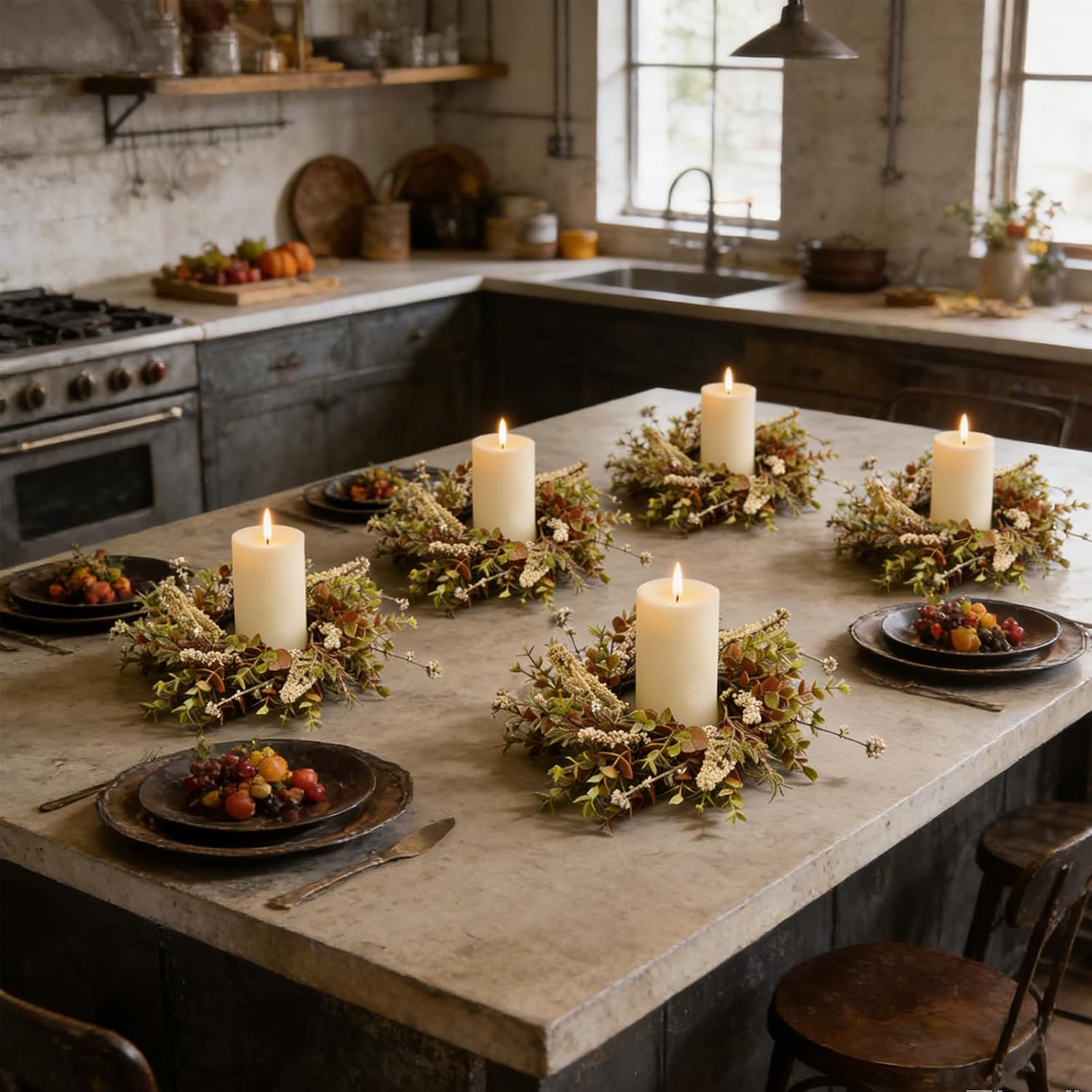 VelloHome 4 Pcs Small Fall Autumn Candle Ring Wreaths with Artificial Eucalyptus Beige Floral Spikes Mini Pillar Candle Holder Wreath for Home Table