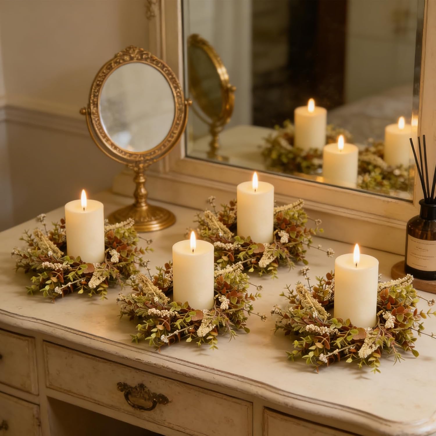 VelloHome 4 Pcs Small Fall Autumn Candle Ring Wreaths with Artificial Eucalyptus Beige Floral Spikes Mini Pillar Candle Holder Wreath for Home Table