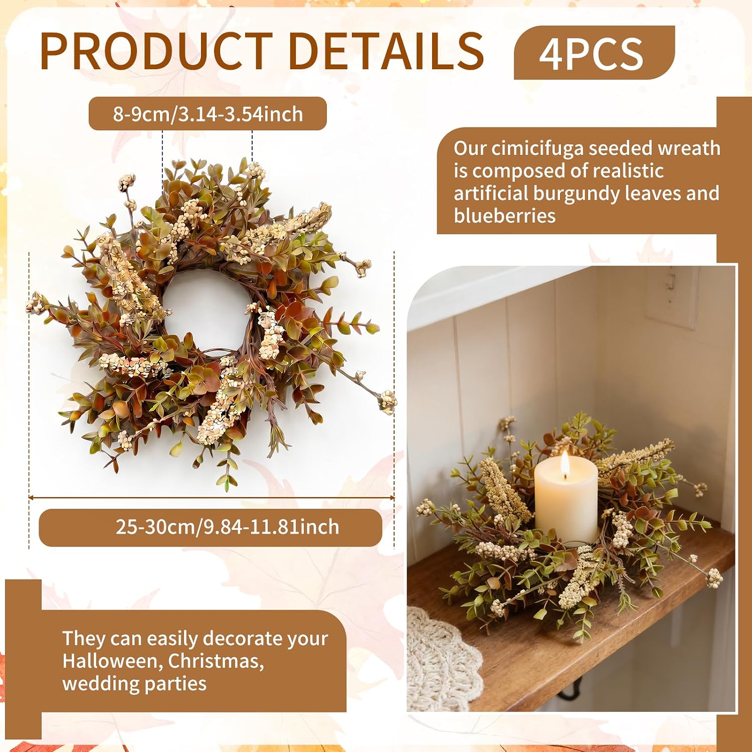 VelloHome 4 Pcs Small Fall Autumn Candle Ring Wreaths with Artificial Eucalyptus Beige Floral Spikes Mini Pillar Candle Holder Wreath for Home Table
