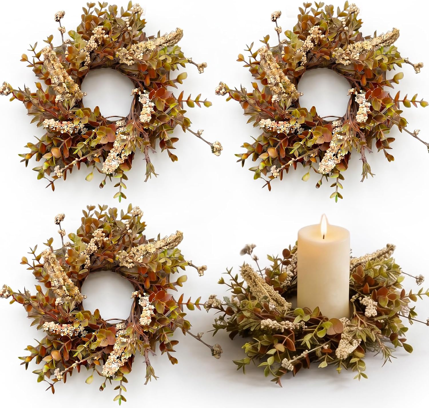 VelloHome 4 Pcs Small Fall Autumn Candle Ring Wreaths with Artificial Eucalyptus Beige Floral Spikes Mini Pillar Candle Holder Wreath for Home Table