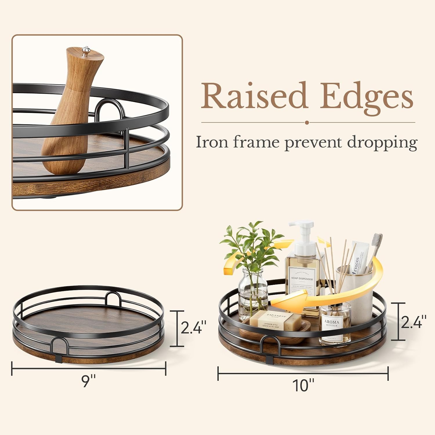 Aldernest 2 Pack 9" 10" Lazy Susan Turntable Organizer for Table Top, 2.8 pounds, Wood