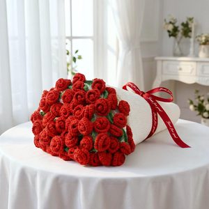 Ashenby Red Rose Crochet Flower Bouquet Blanket, 43 Inch Throw, 60 Rose Flowers, Red Rose - White Blanket
