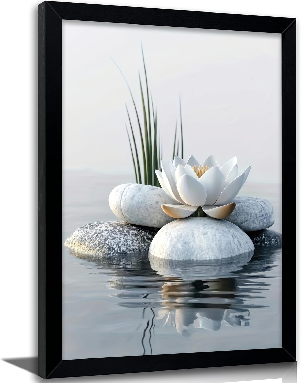 Aldernest Framed White Lotus Zen Stone Wall Art, 16"L x 12"W