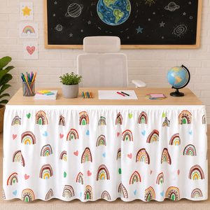Ashenby 9 ft Teacher Desk Skirts Rainbow Table Skirt Cloths for Teacher Desk Boho Ruffle Rectangular Tablecloth for Classroom Office Bookcase Cabinet
