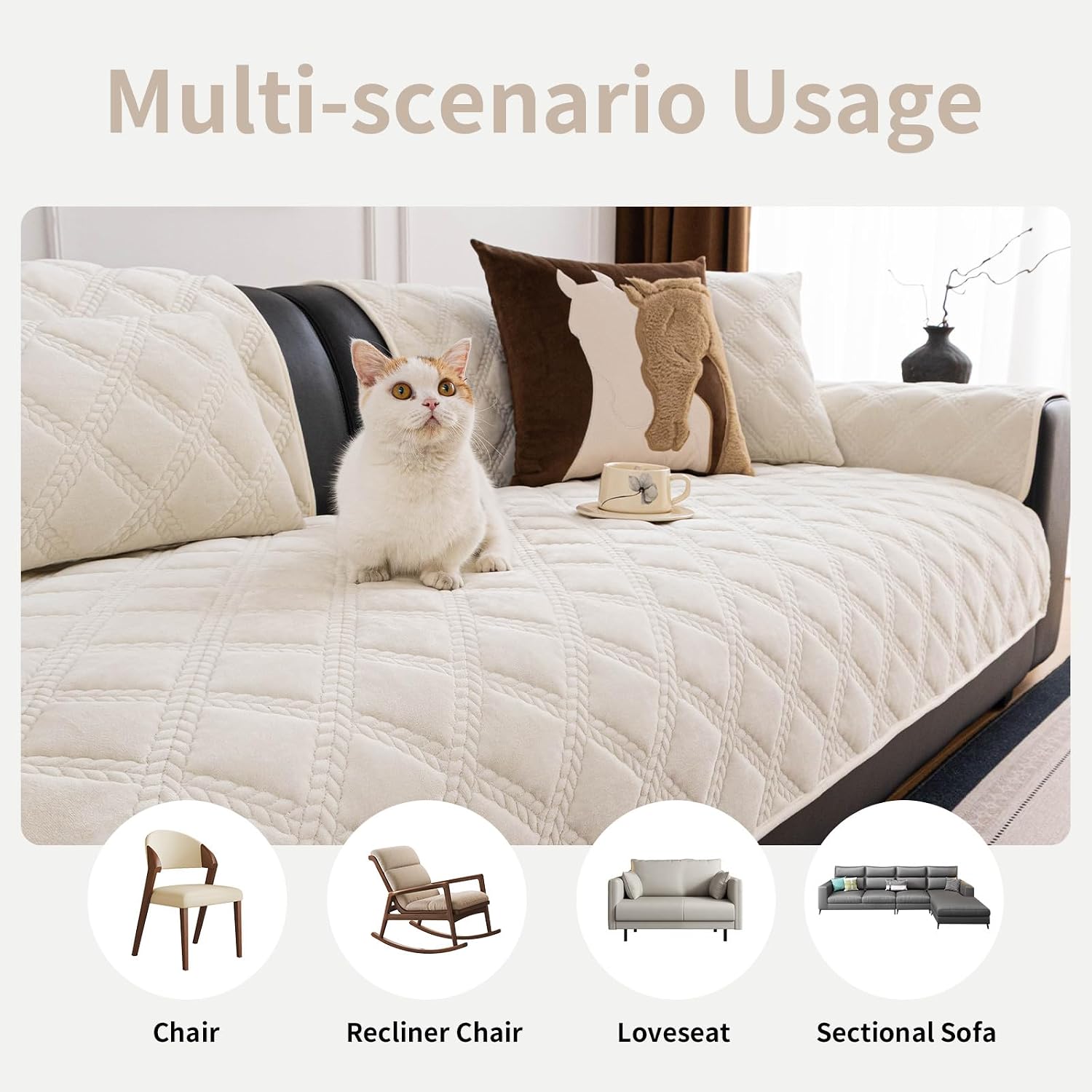 Aldernest Couch Cover, Non-Slip Sofa Covers Washable for Dogs, Beige White