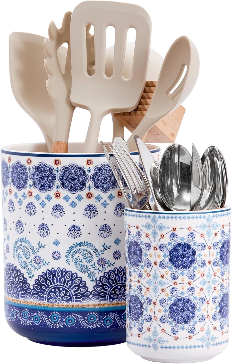 Aldernest Blue Talavera Ceramic Utensil Holder Crock Set of 2, 7+5