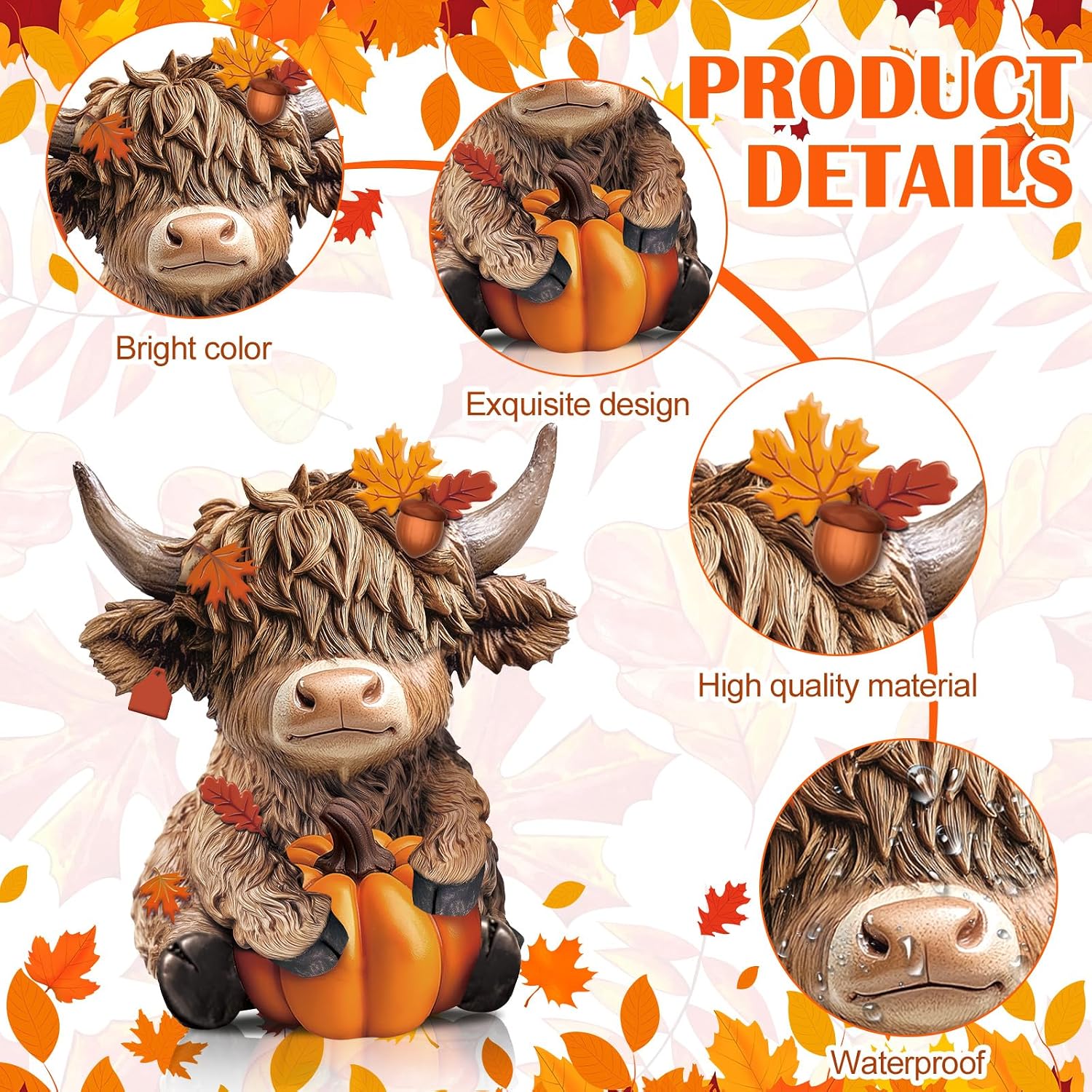 Quillstone 2 Pcs Fall Highland Cow Figurines Statue Gnomes Autumn Table Decor, 8.48 ounces, Brown