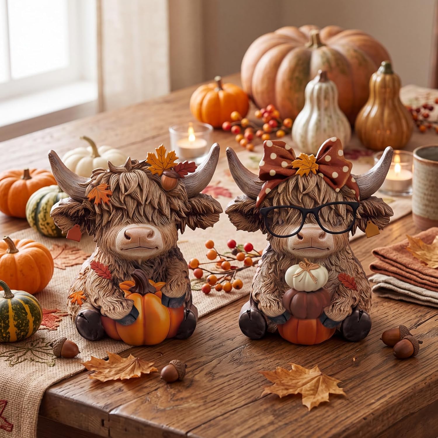 Quillstone 2 Pcs Fall Highland Cow Figurines Statue Gnomes Autumn Table Decor, 8.48 ounces, Brown