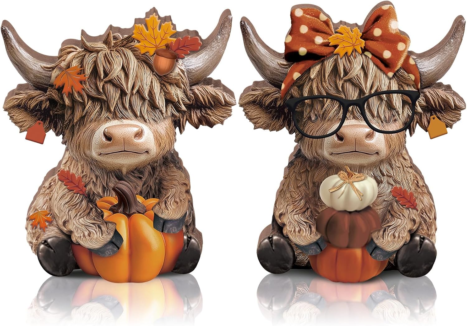 Quillstone 2 Pcs Fall Highland Cow Figurines Statue Gnomes Autumn Table Decor, 8.48 ounces, Brown
