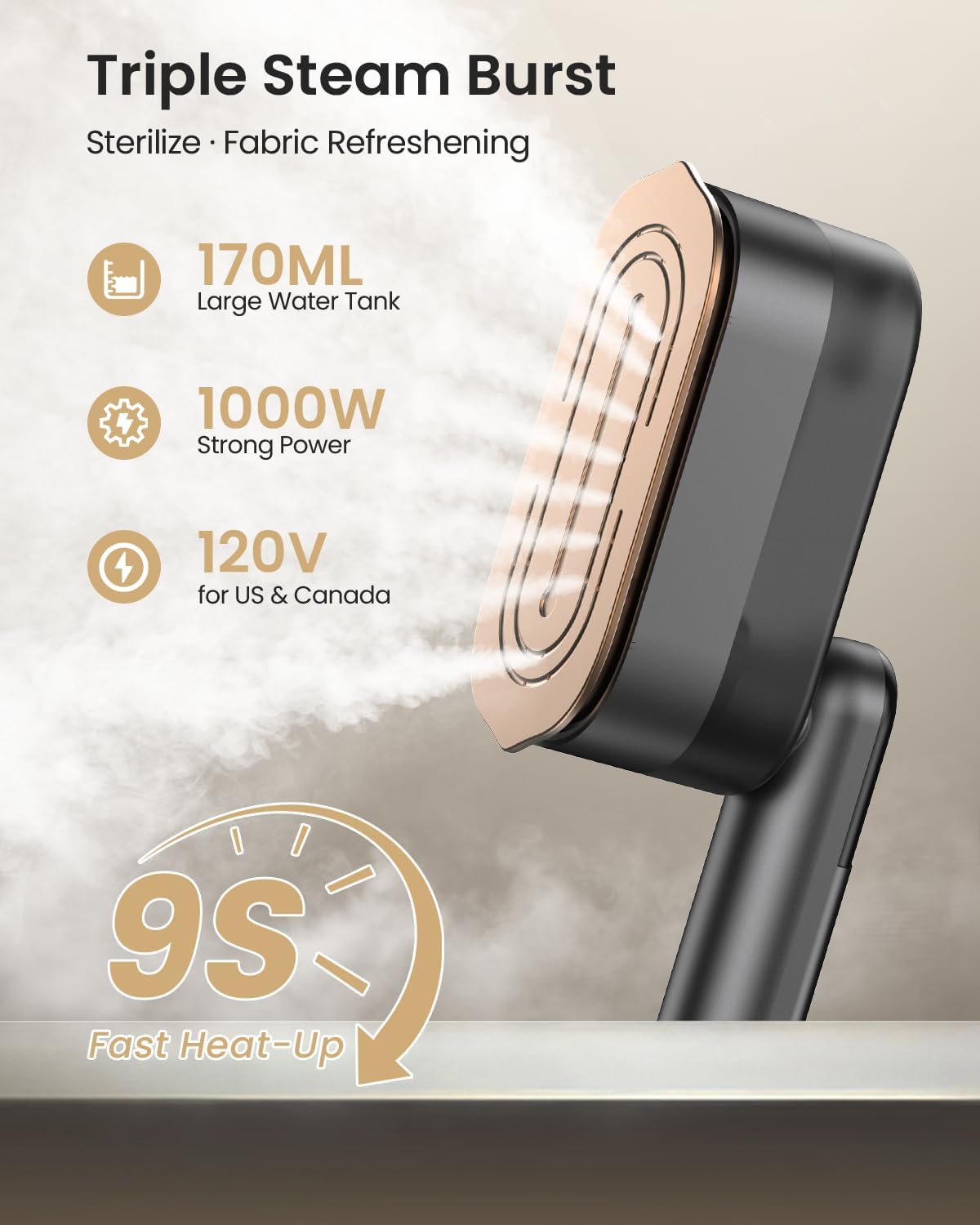 Havenrook 2-in-1 Handheld Steamer Iron for Clothes, 1000W, 9s Fast Heat-Up, 120V, black