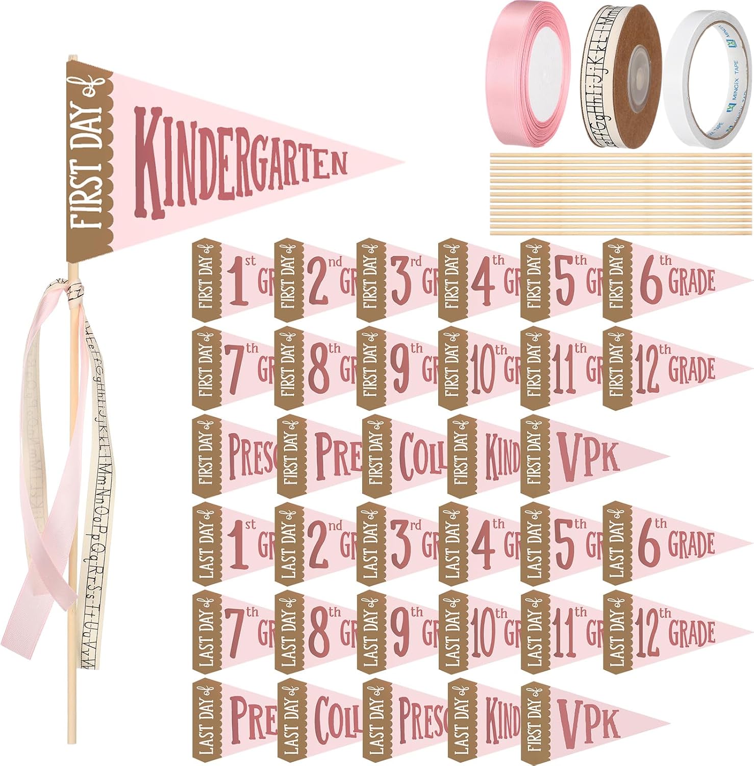 Ashenby 34 Packs First and Last Day of School Pennant Flags Kit, 16 ounces, Pink