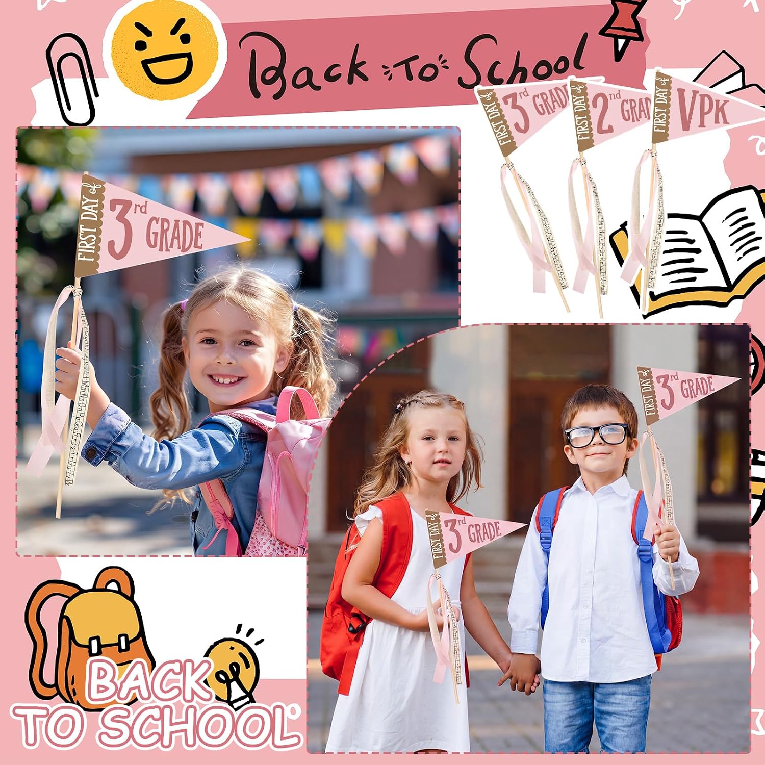Ashenby 34 Packs First and Last Day of School Pennant Flags Kit, 16 ounces, Pink