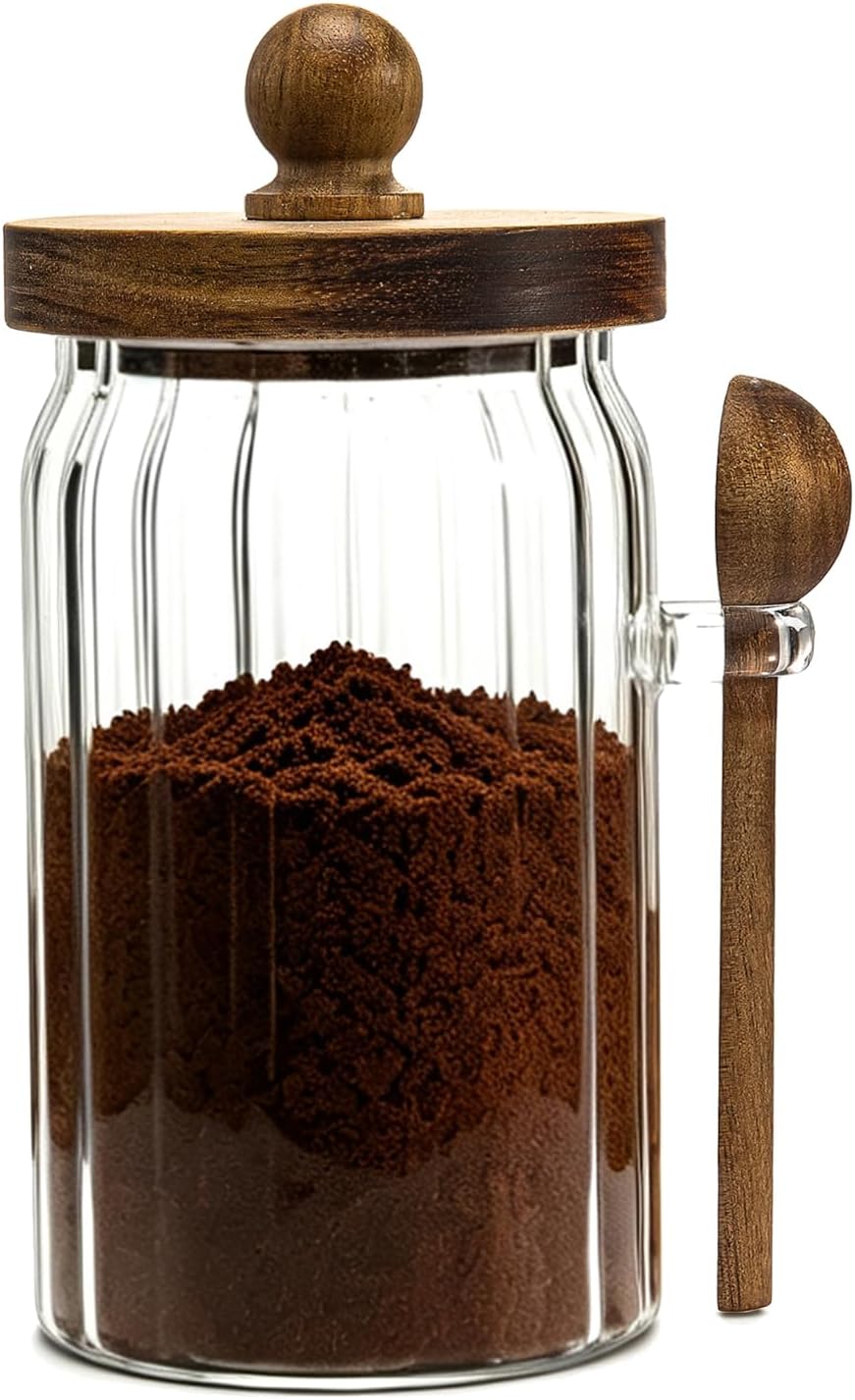 Barleyfield Vintage Glass Jar with Wooden Spoon&Lid, 26 fl.oz, Coffee Storage Canister, 8 ounces, Clear