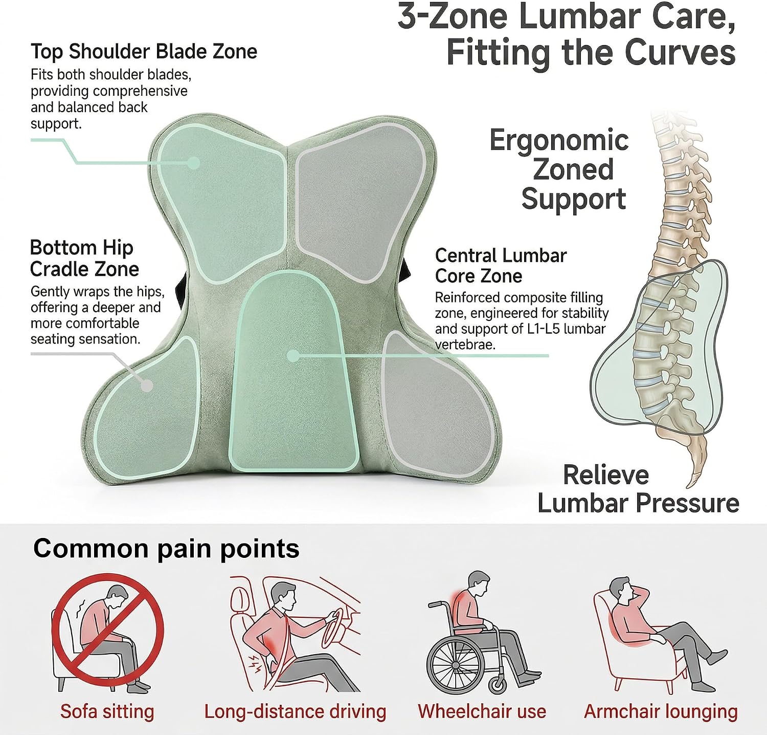 Aldernest Back Pillow for Bed Sitting Up, Lumbar Support Pillow for Reading, 16.5", Celadon Green