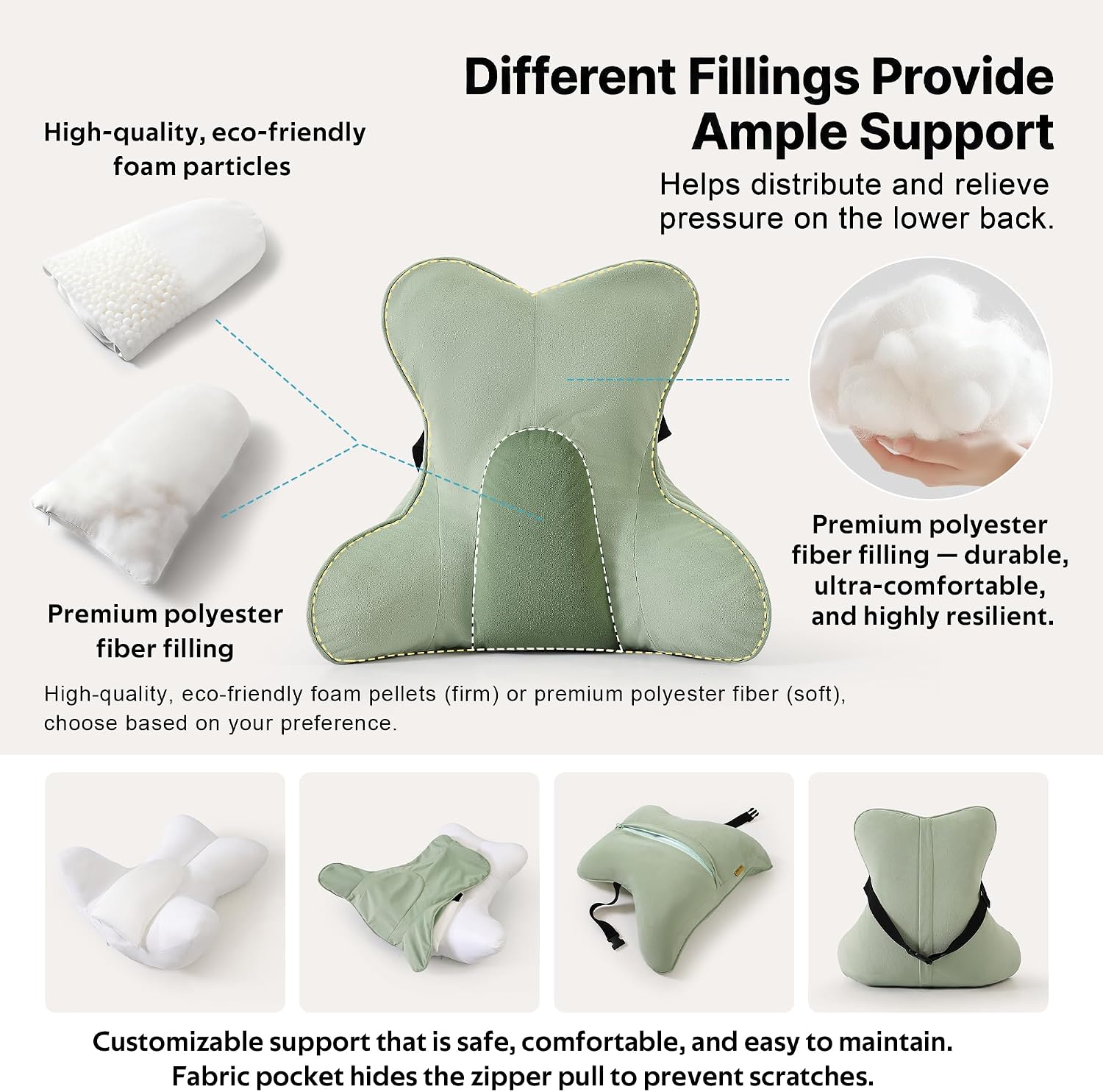 Aldernest Back Pillow for Bed Sitting Up, Lumbar Support Pillow for Reading, 16.5", Celadon Green