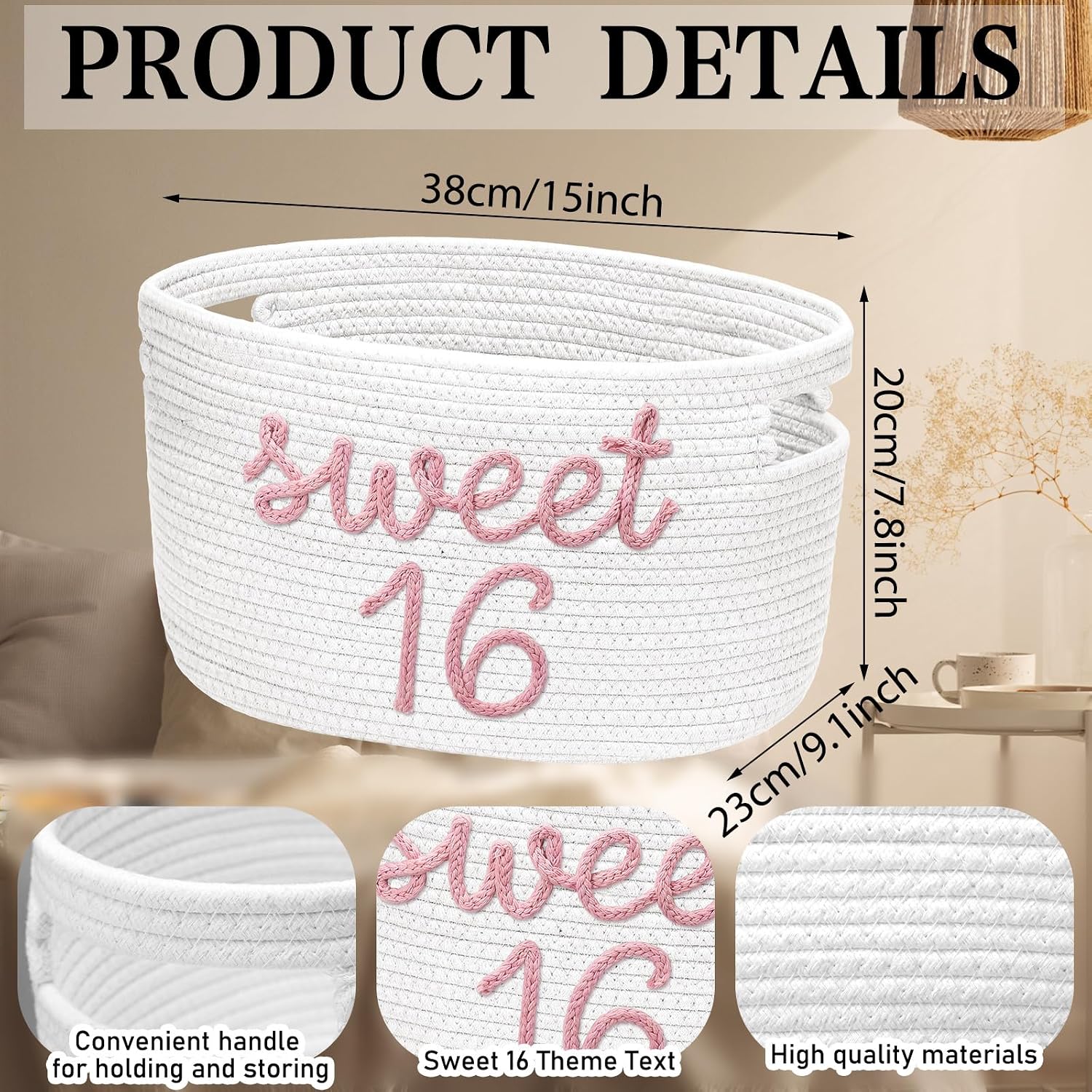 Aldernest Sweet 16 Birthday Gifts Basket with Handles 15 x 9.1 x 7.8 Inch, 1.3 pounds, white, pink